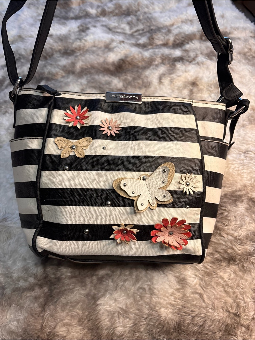 Liz Claiborne Black & White Striped Crossbody with Floral and Butterfly Accents